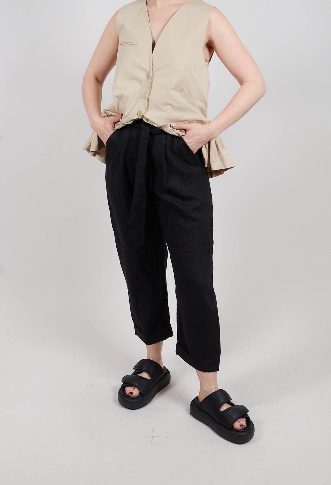 Straight Leg Trousers with Tie Front in Black