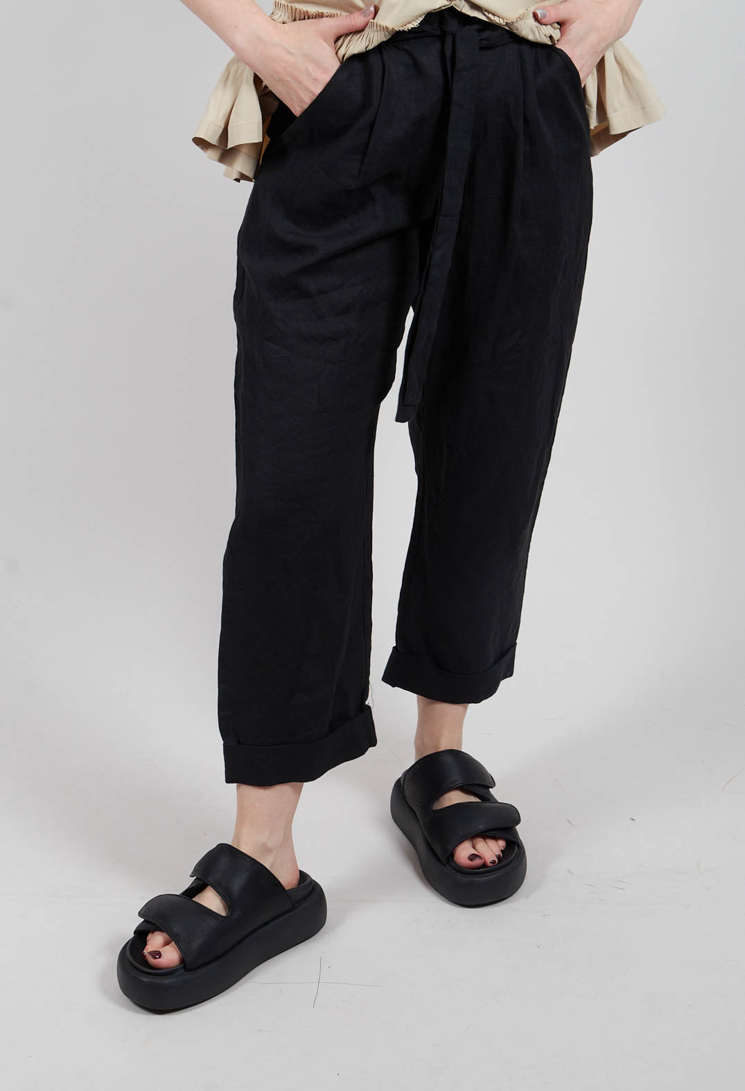 Straight Leg Trousers with Tie Front in Black