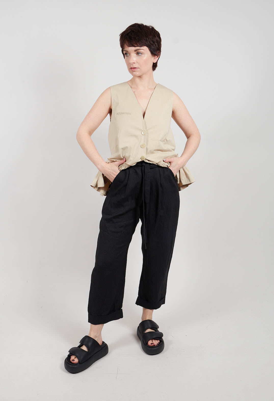 Straight Leg Trousers with Tie Front in Black
