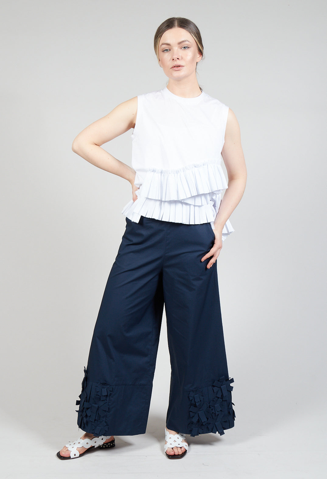 Fabric Embellished Hemmed Trousers in Navy