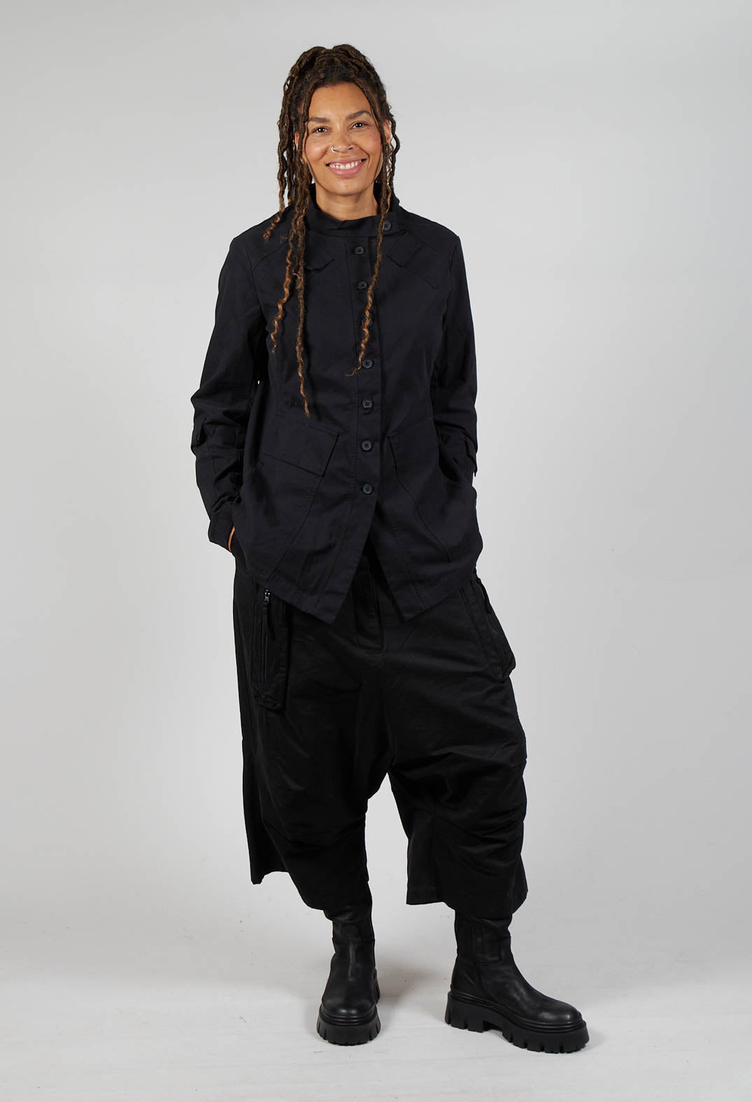 Fitted Button Through Utility Jacket in Black