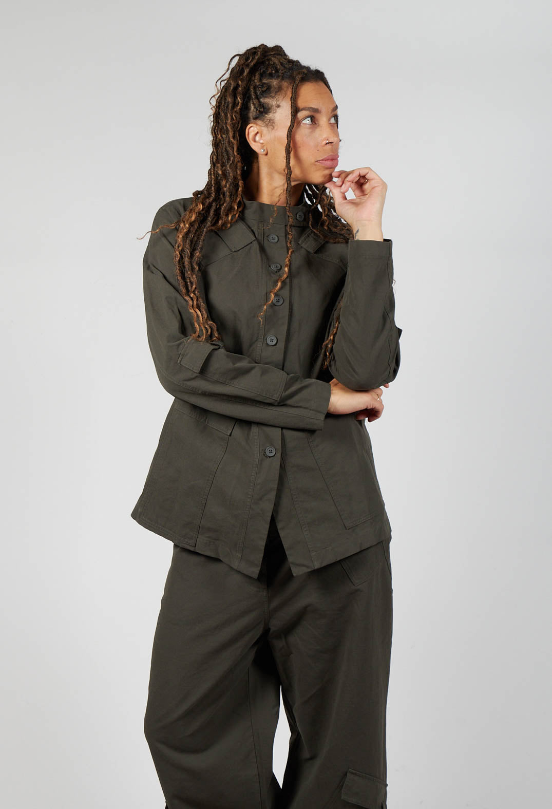 Fitted Button Through Utility Jacket in Jungle – Olivia May