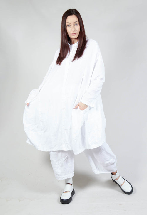 Flared Hem Linen Shirt Dress in White