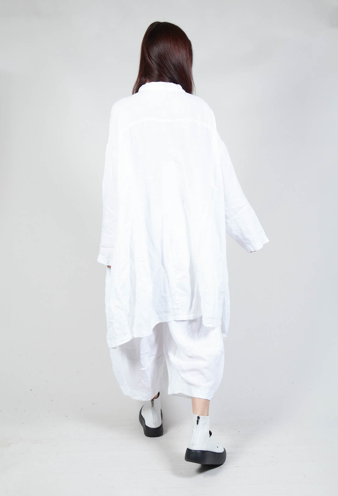 Flared Hem Linen Shirt Dress in White