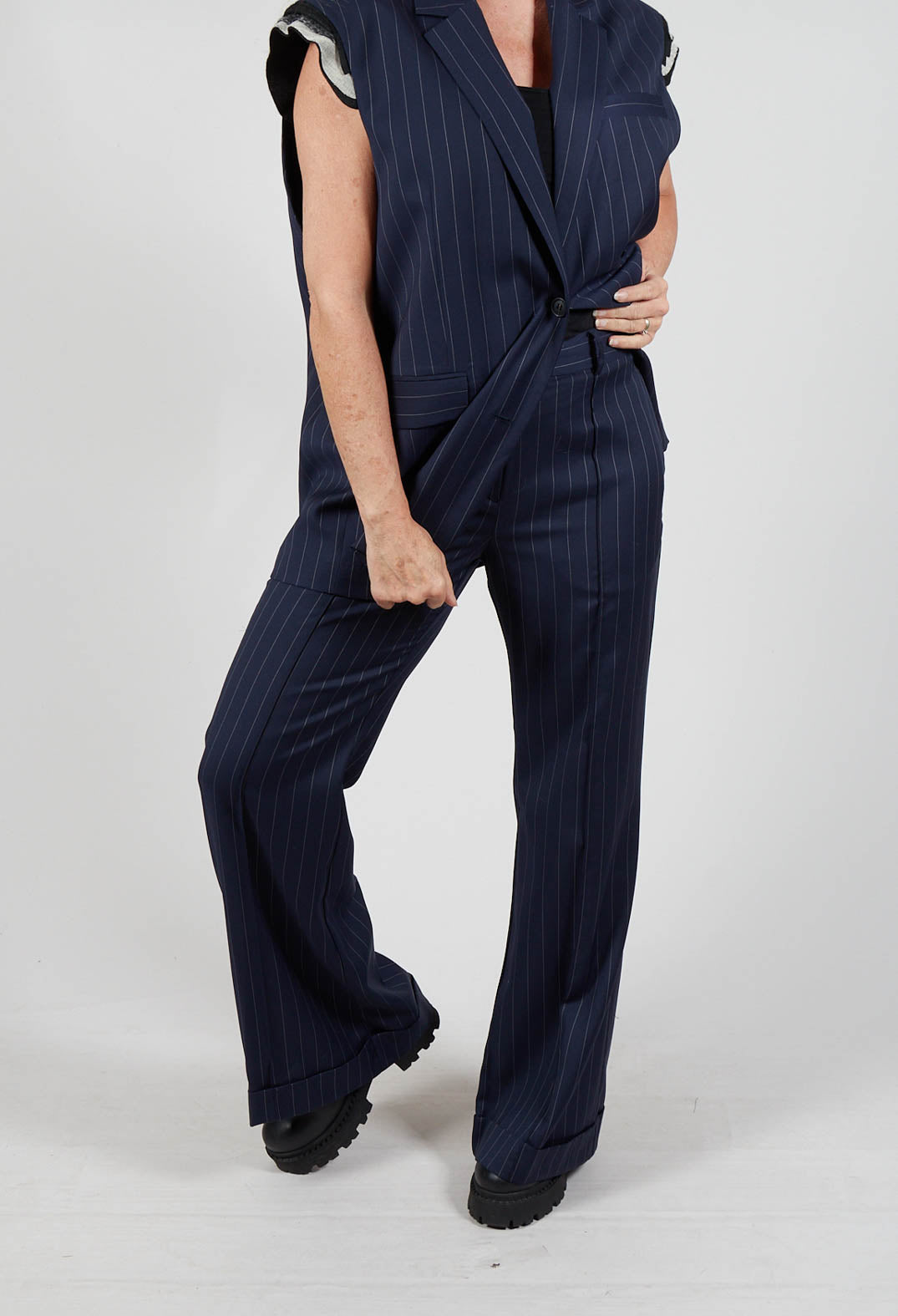 Flared Leg Tailored Trousers in Gessato Blue Nights