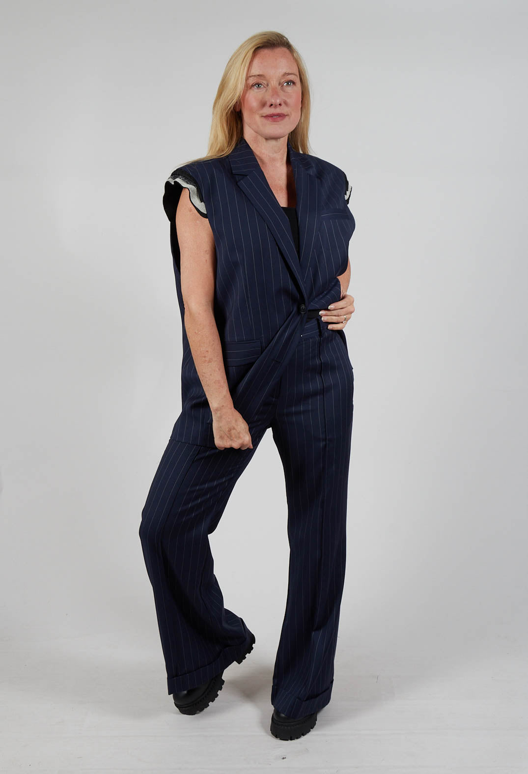 Flared Leg Tailored Trousers in Gessato Blue Nights