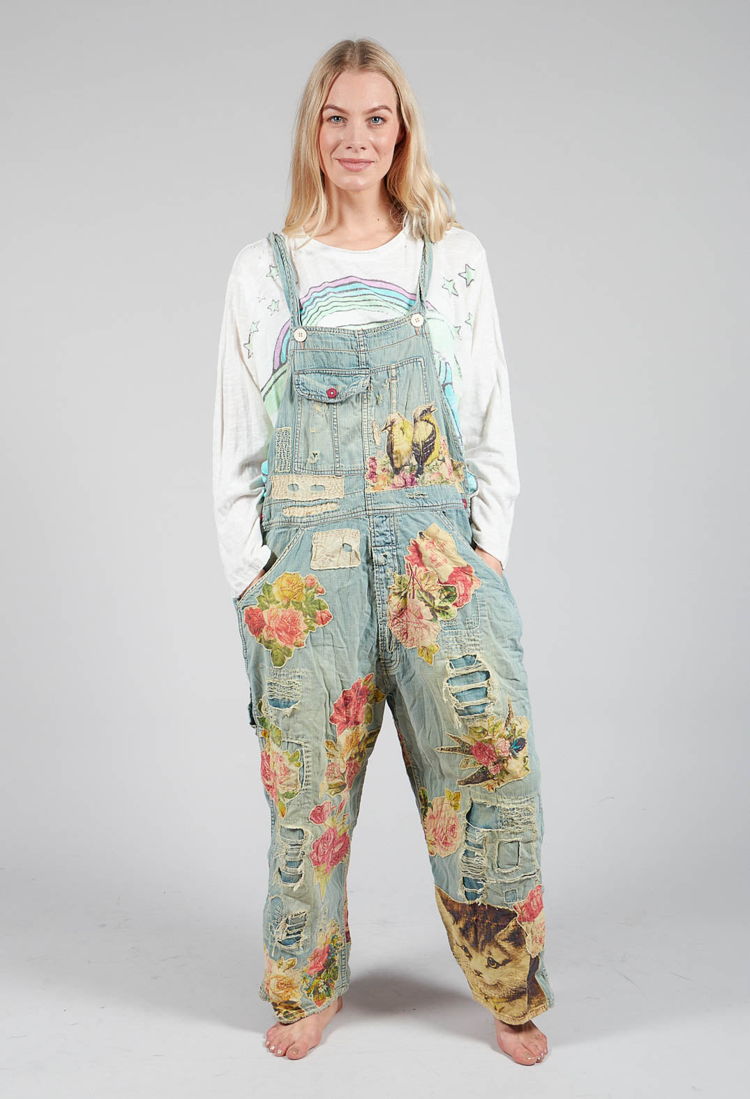 Floral Applique Overalls in Washed Indigo