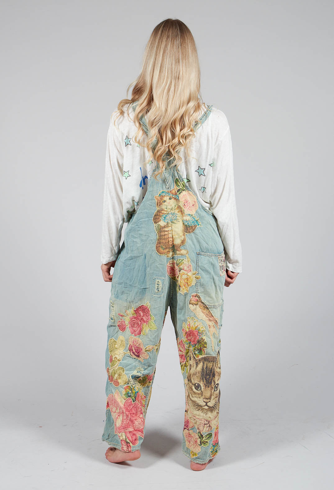 Floral Applique Overalls in Washed Indigo