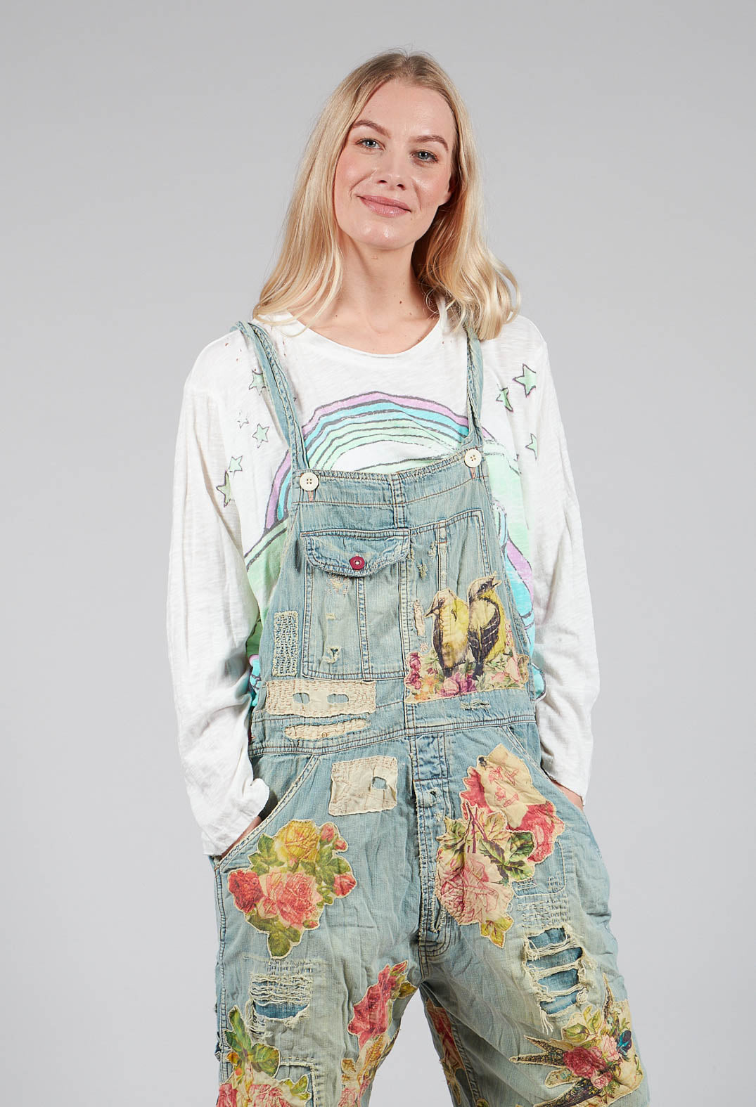 Floral Applique Overalls in Washed Indigo