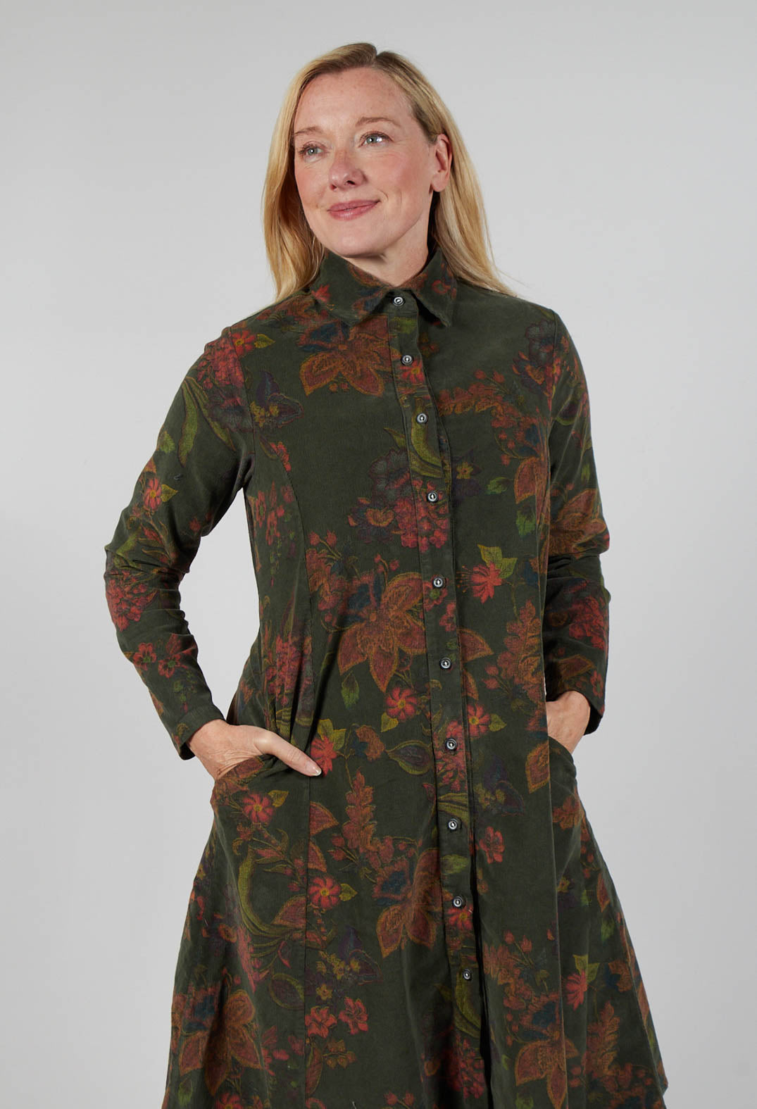 Floral Cord Shirt Dress in Moss