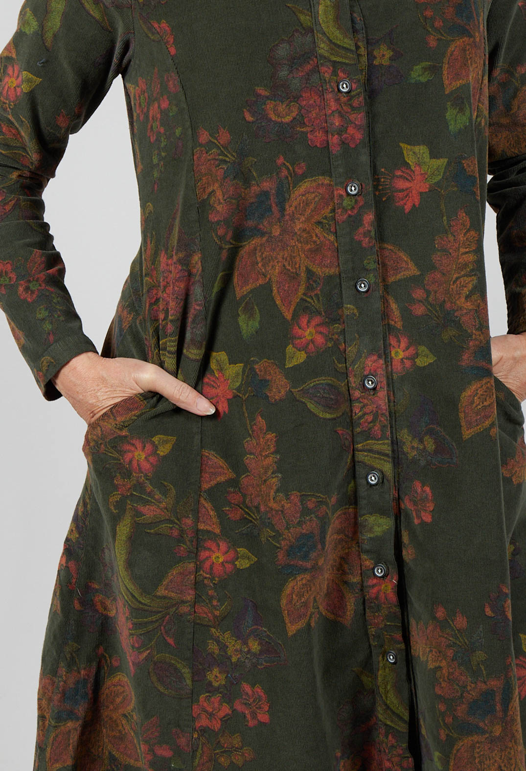 Floral Cord Shirt Dress in Moss