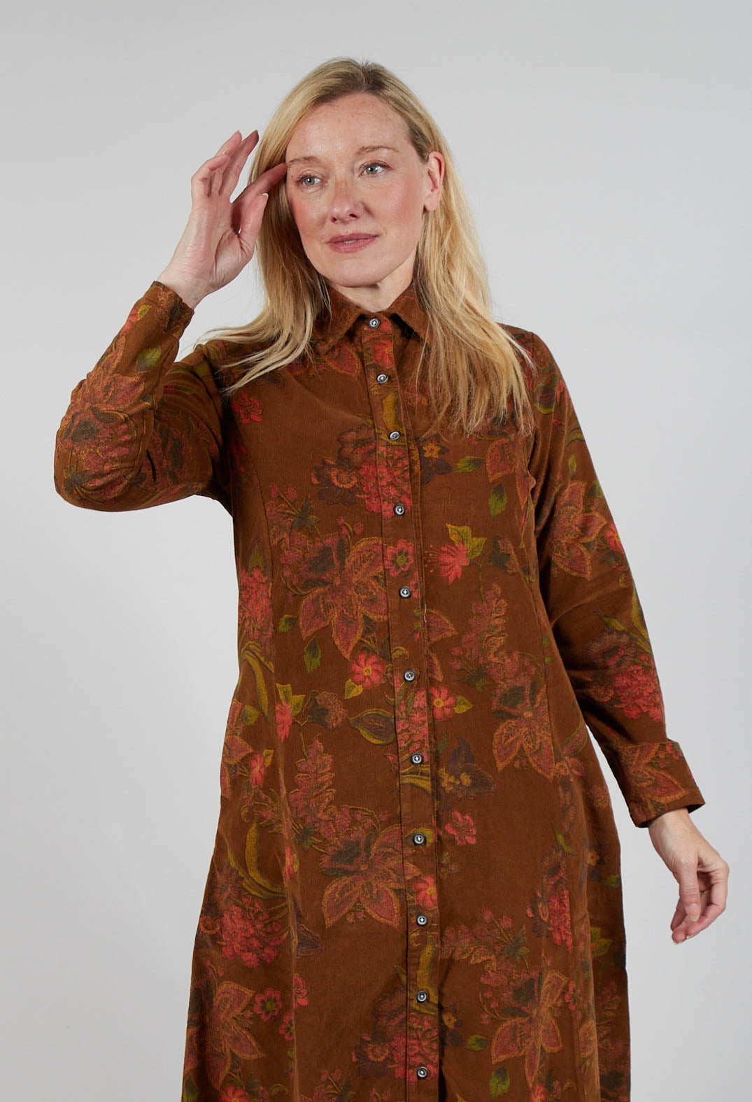 Floral Cord Shirt Dress in Tabacco