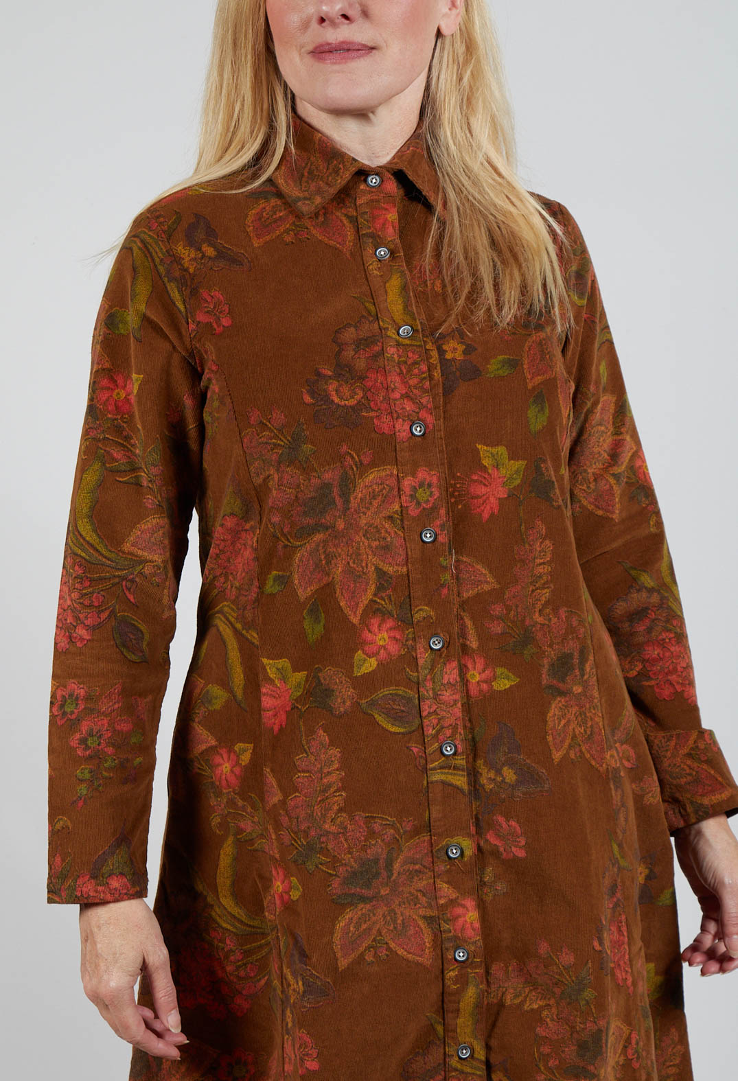 Floral Cord Shirt Dress in Tabacco