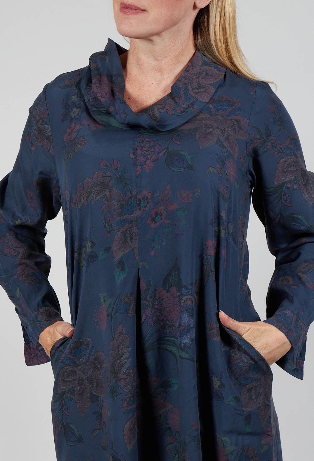 Floral Lyocell Cowl Neck Dress in Navy