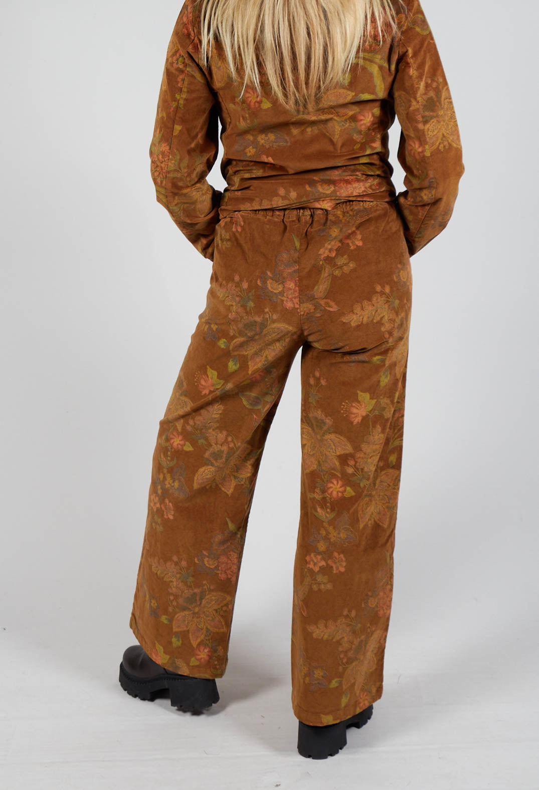 Floral Velvet Palazzo Trousers in Tabacco