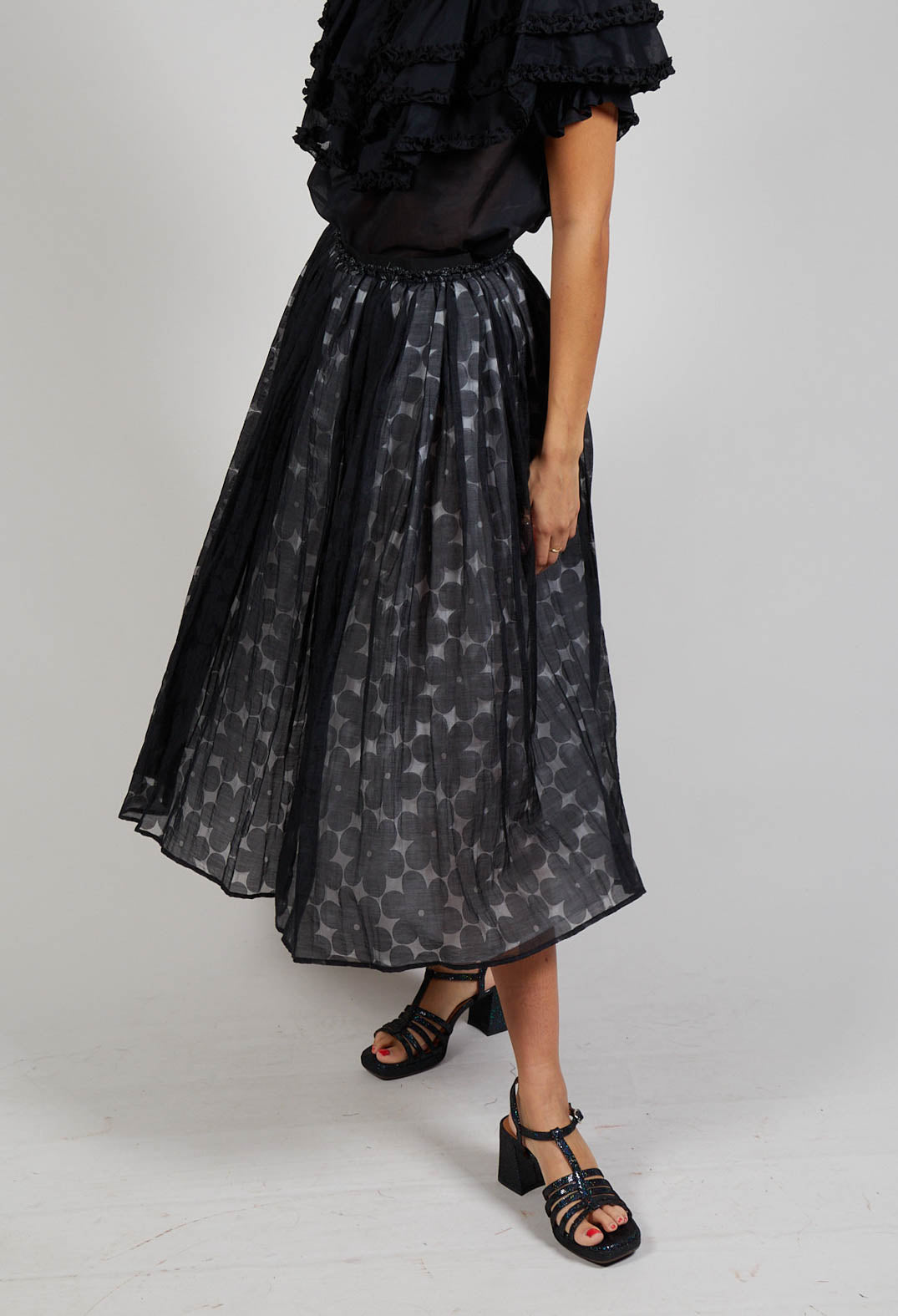 Flower Print Midi Skirt in Black