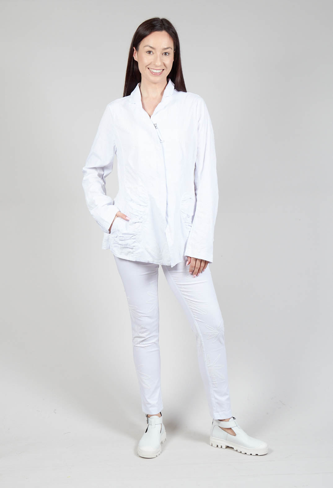 Flower Print Ruched Jacket in White Flock Print