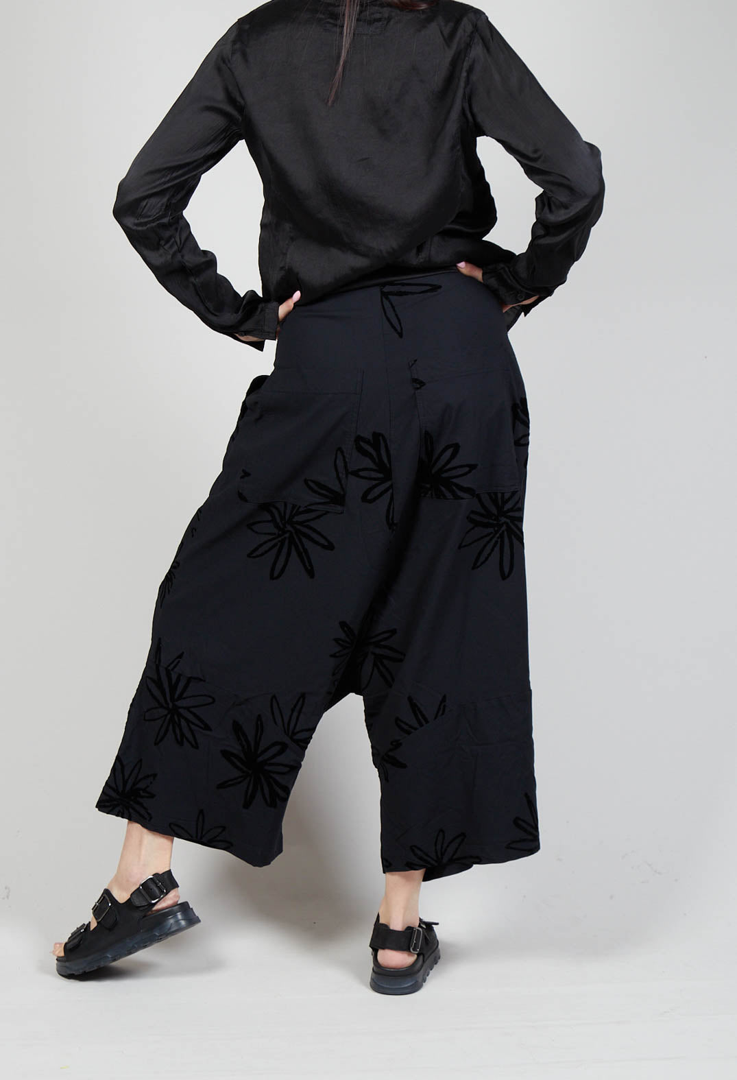 Flower Print Sarouel Trousers in Black Flock Print