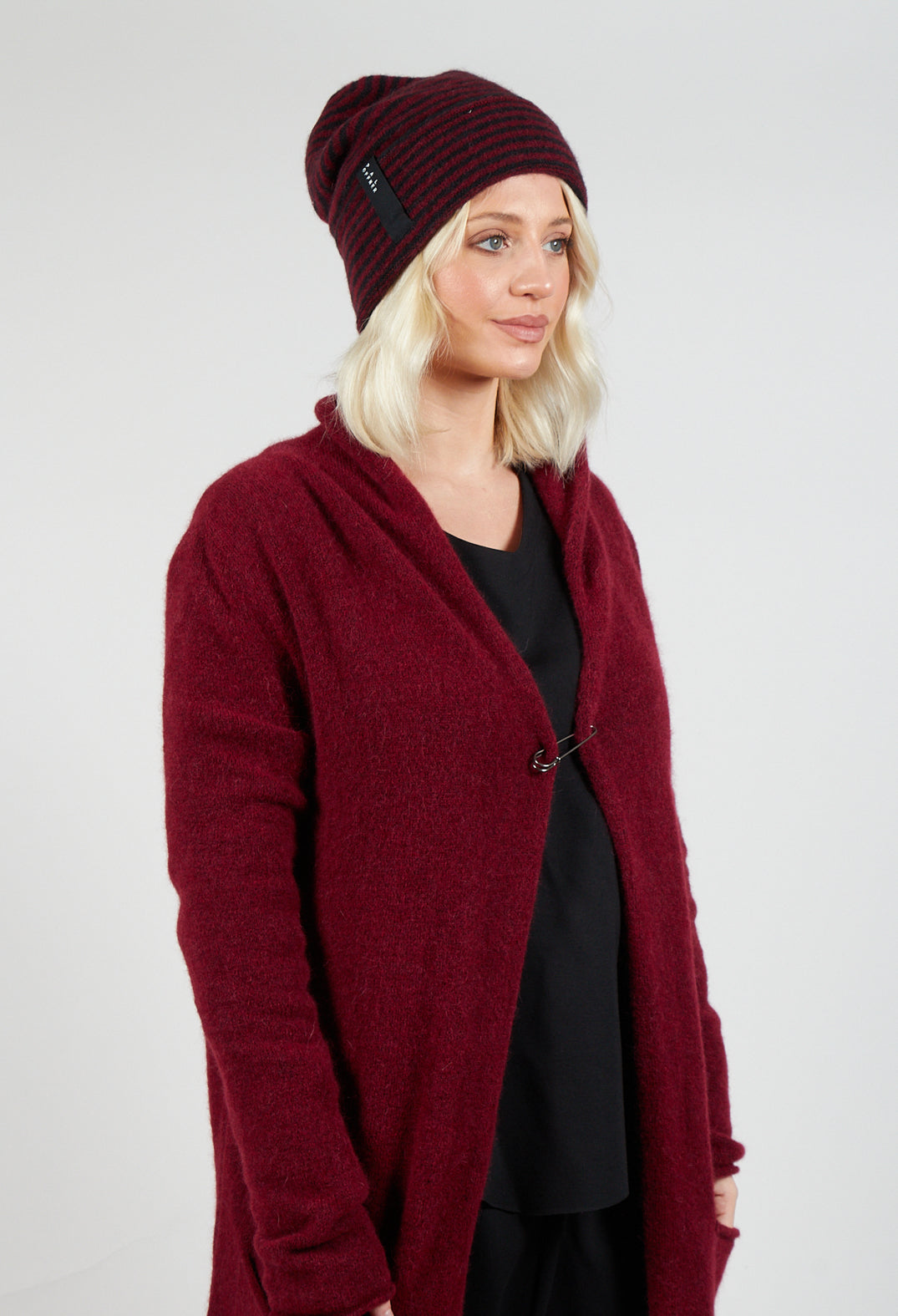 Fold Over Beanie in Merlot and Black Stripe