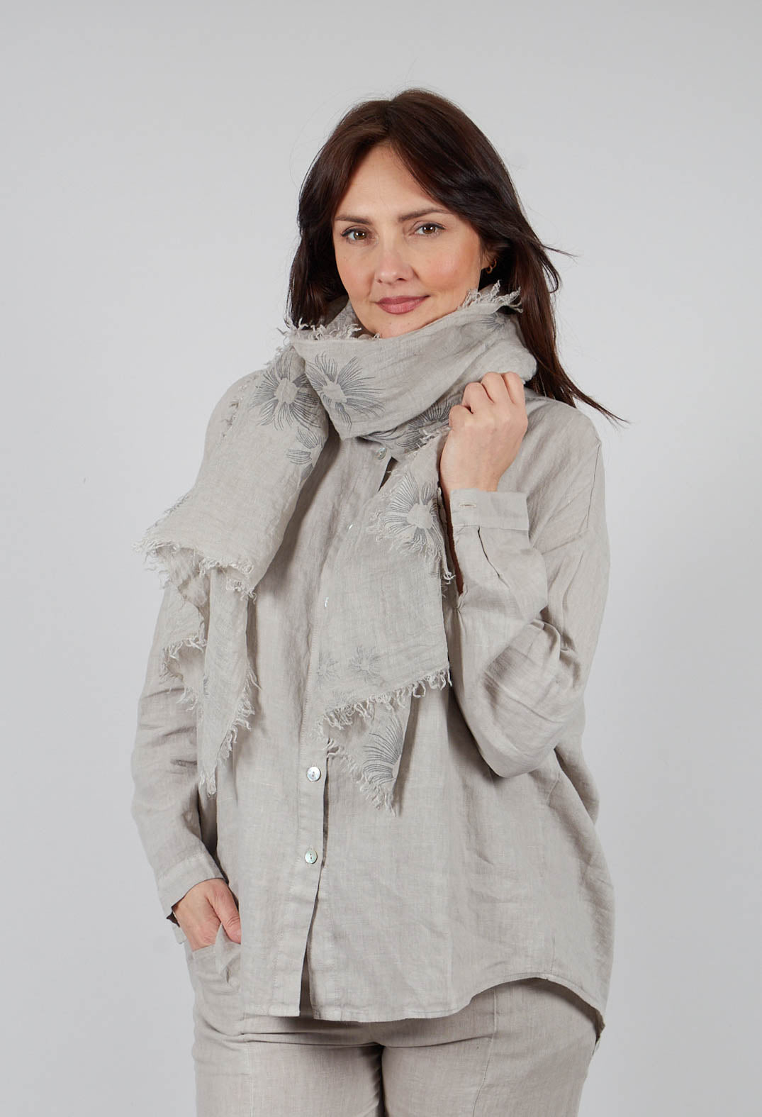 Frayed Floral Scarf in Beige