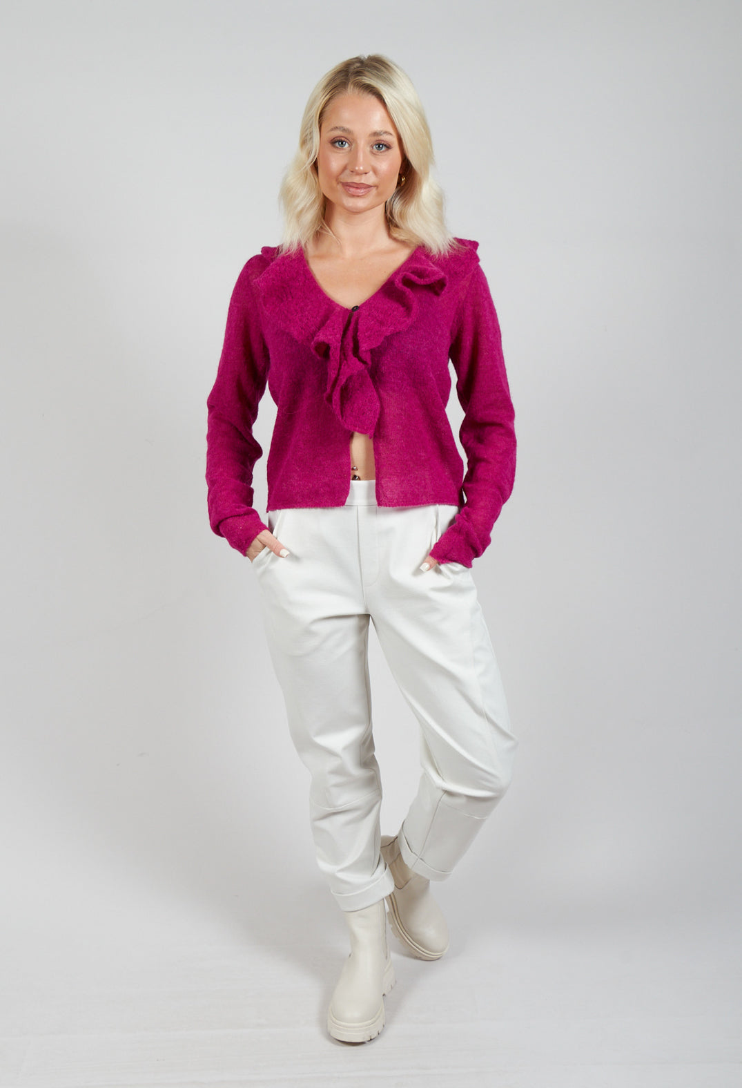 Sarah Pacini Frill Knit Cardigan in Magenta | Olivia May