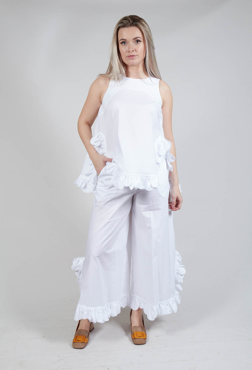 Frill Wide Leg Trousers in White
