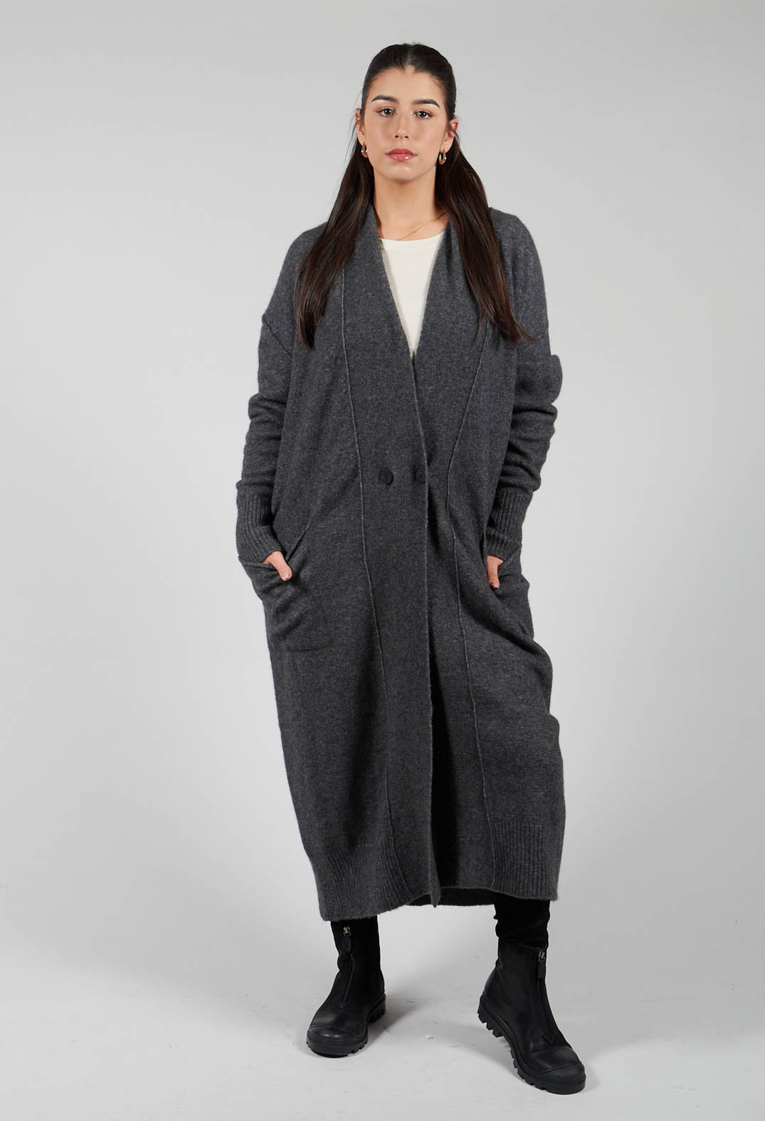 Cashmere Long Length Cardigan in Graphite