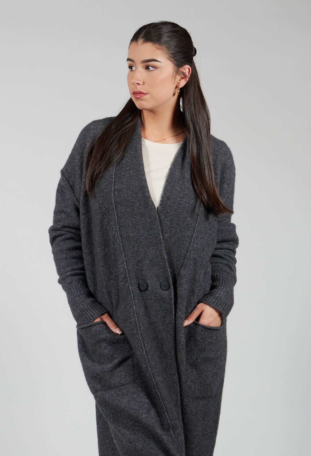 Cashmere Long Length Cardigan in Graphite