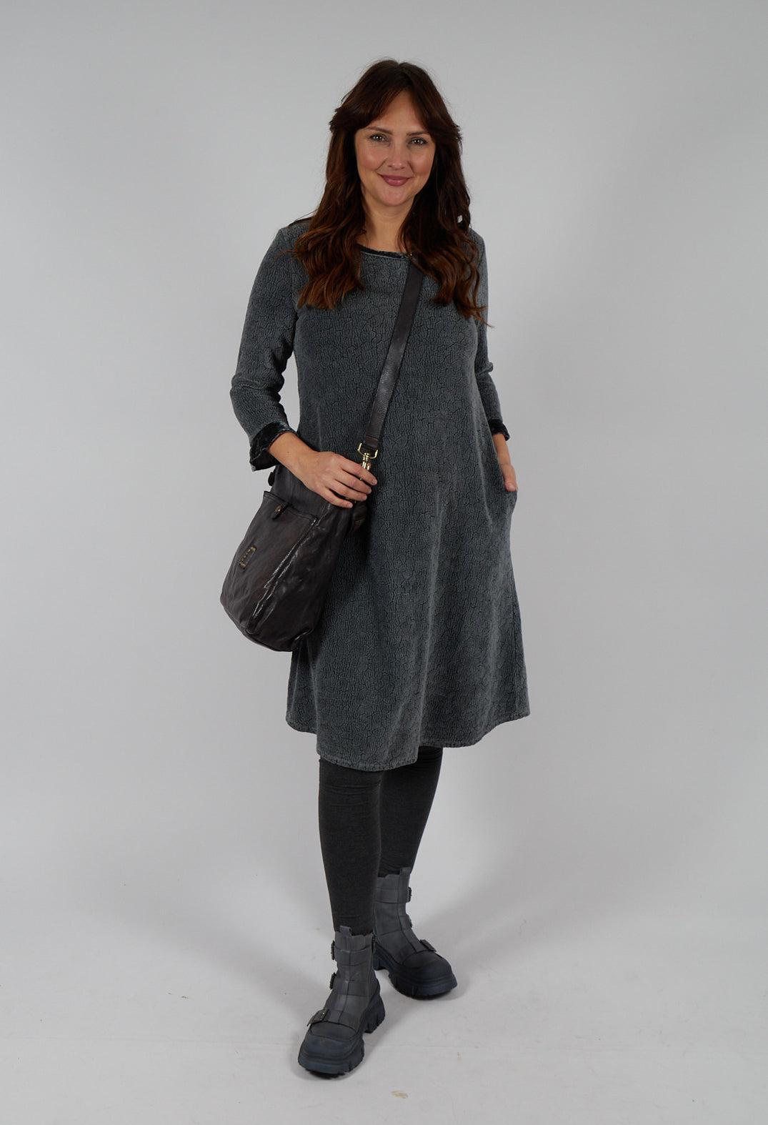 Straight Plain Chanille Dress with Pockets and Trim in Silver