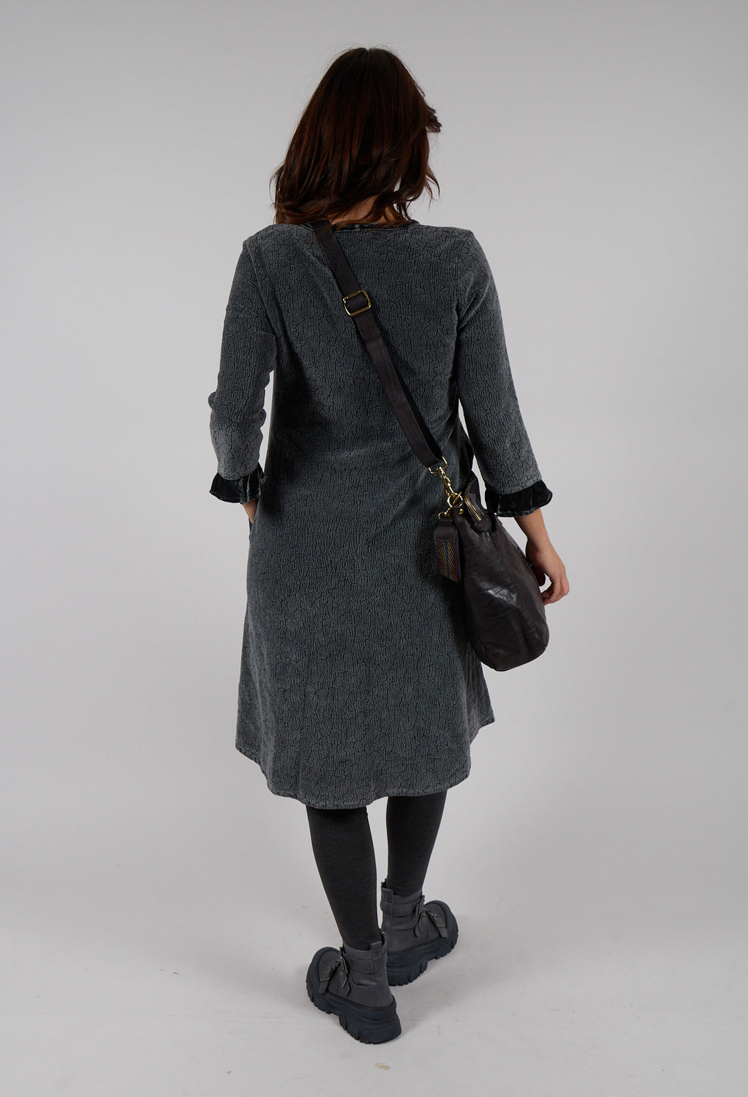 Straight Plain Chanille Dress with Pockets and Trim in Silver