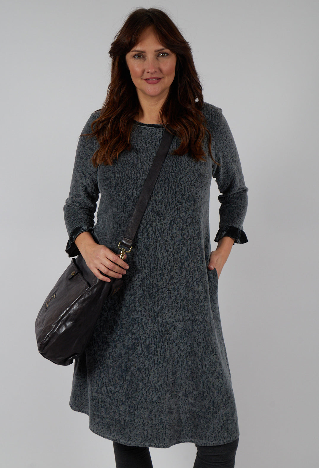 Straight Plain Chanille Dress with Pockets and Trim in Silver