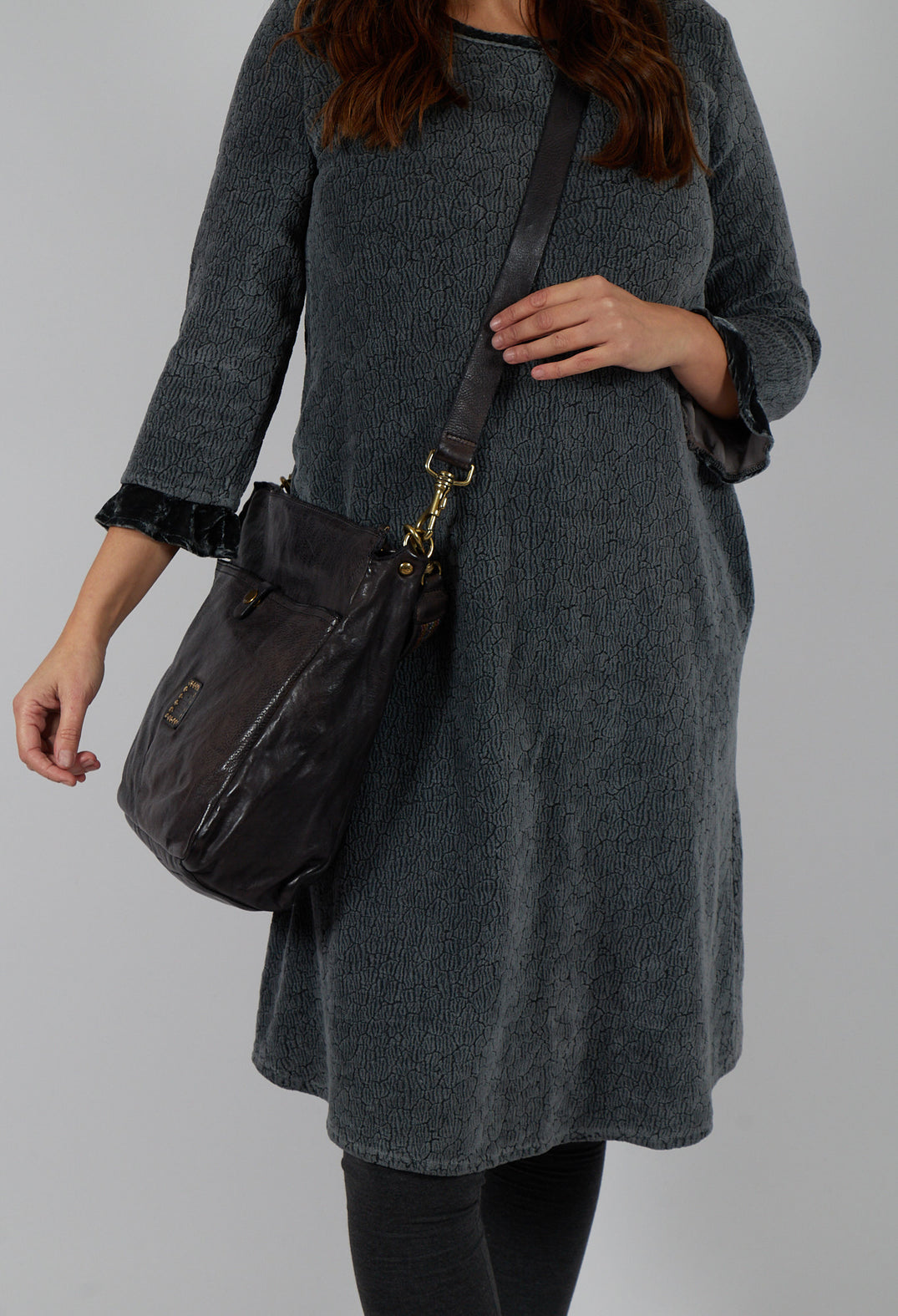 Straight Plain Chanille Dress with Pockets and Trim in Silver