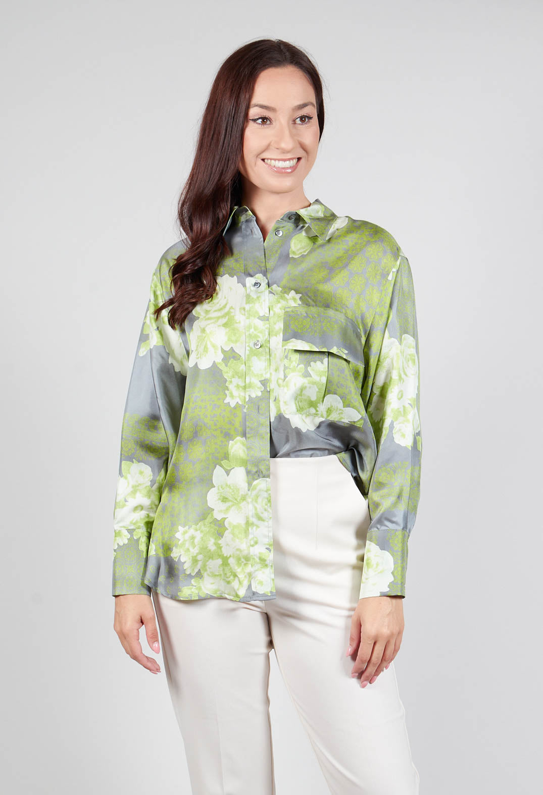 Garden Print Silk Blouse in Grey