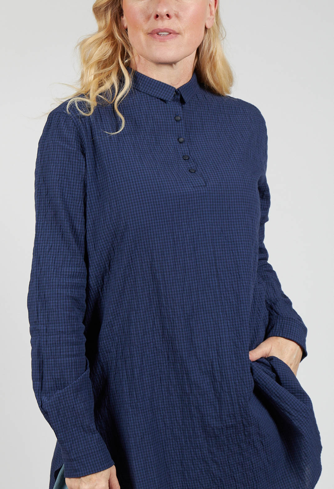 Gingham 3/4 Button Up Shirt in Blue Night