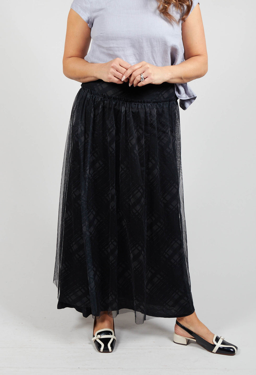 Fine Jersey Skirt with Net Overlay in inox