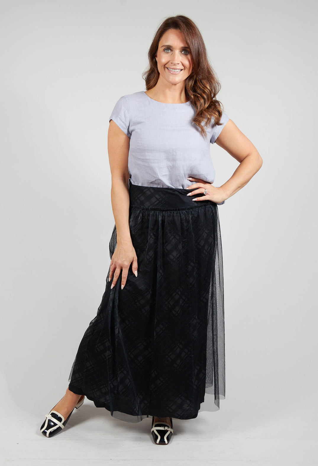 Fine Jersey Skirt with Net Overlay in inox