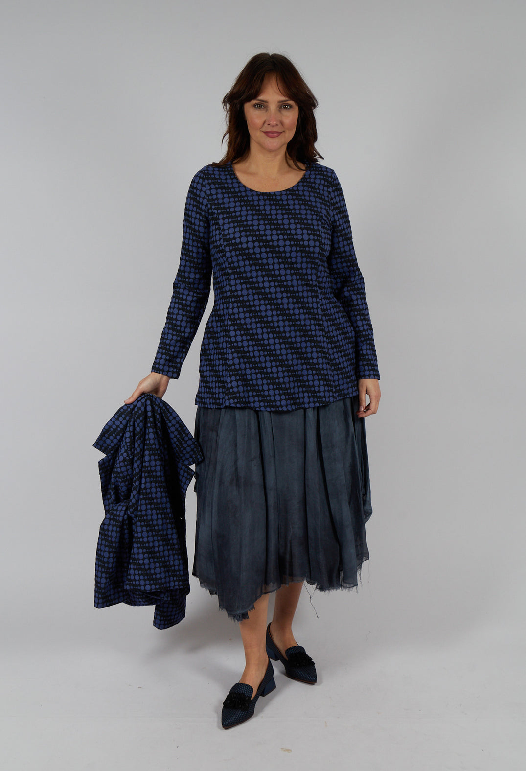 Spotty Jacquard Flared Tunic with Pockets in Blueberry