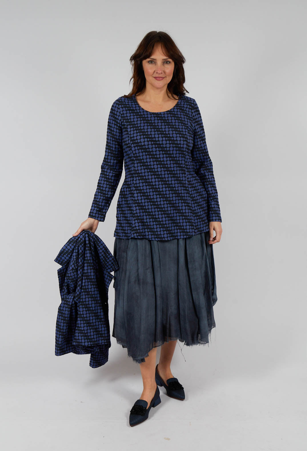 Spotty Jacquard Flared Tunic with Pockets in Blueberry