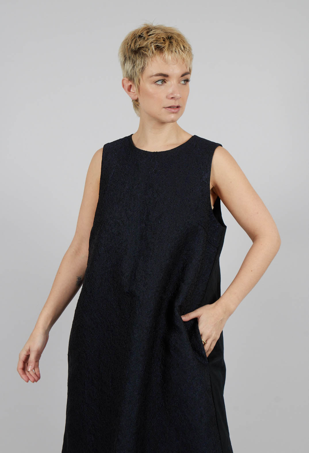 Shift Dress with Textured Front in Navy Mix