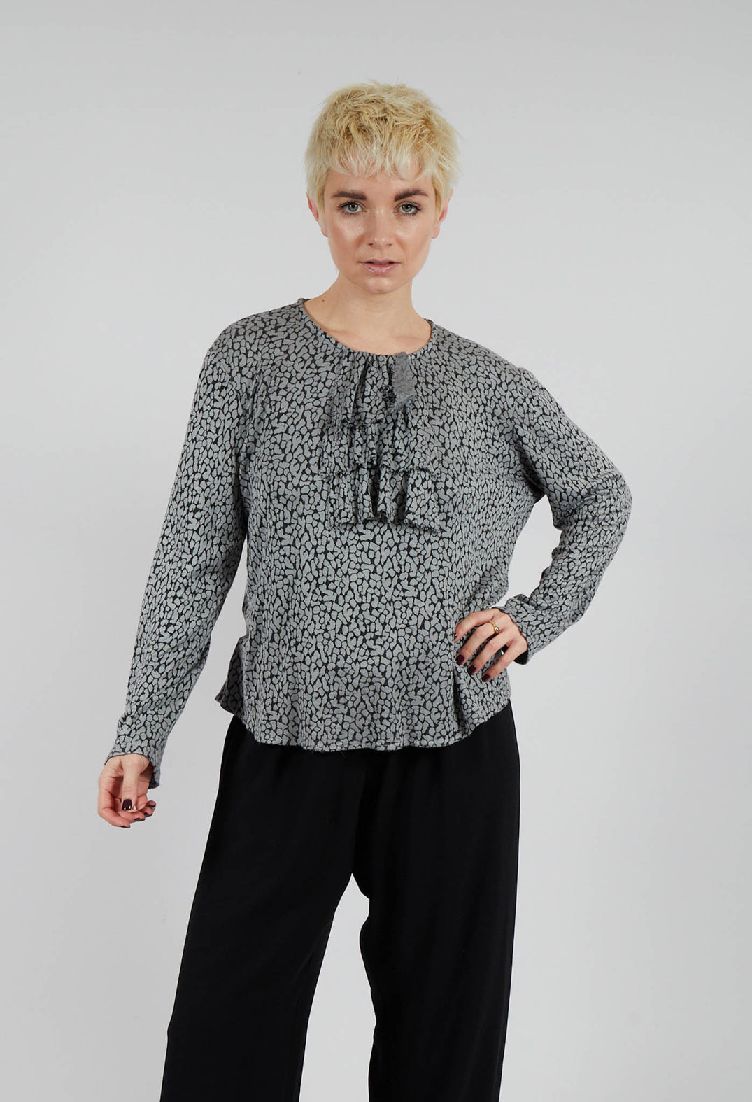 Long Sleeved Ruffle Neck Top in Silver