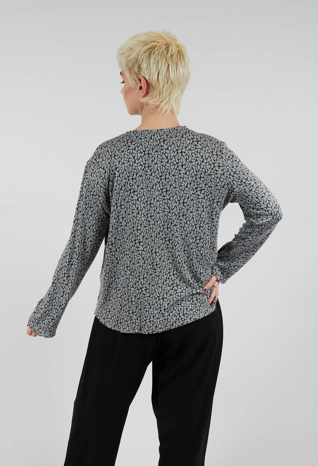 Long Sleeved Ruffle Neck Top in Silver