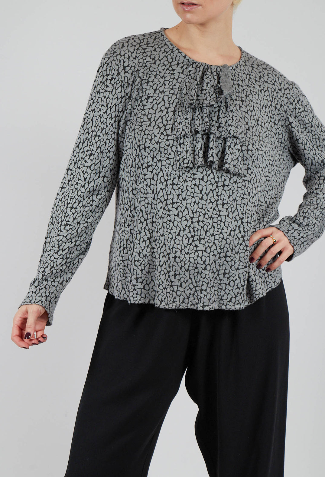 Long Sleeved Ruffle Neck Top in Silver