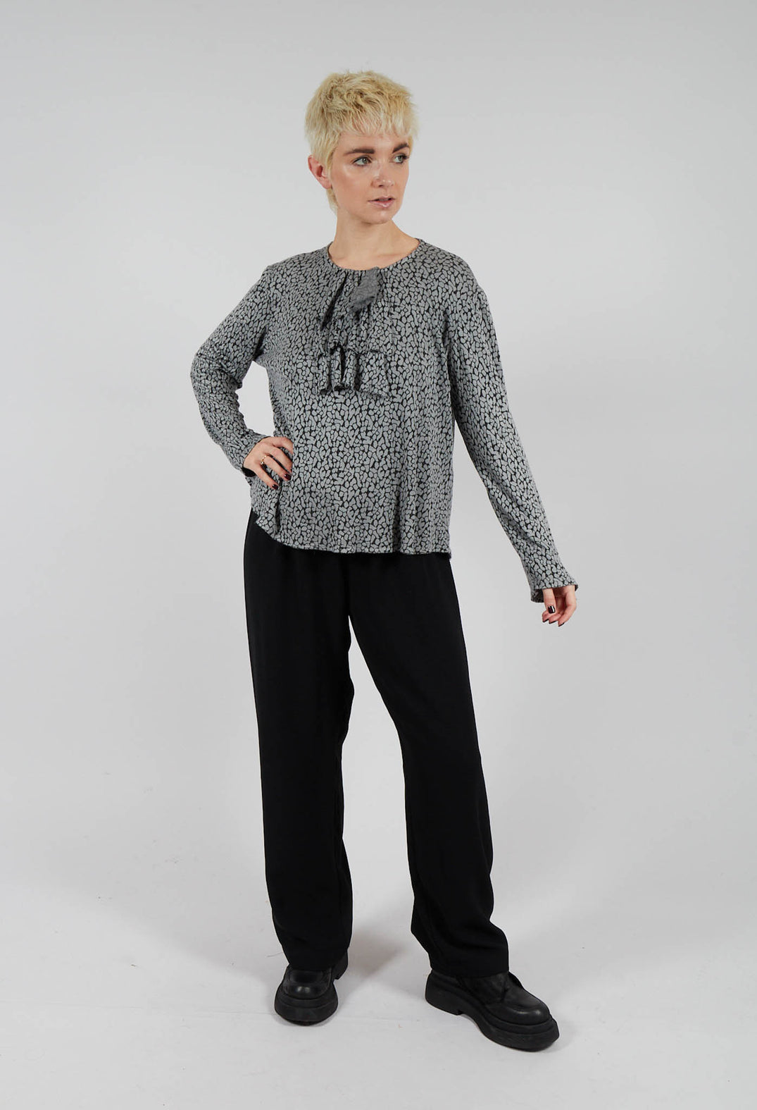 Long Sleeved Ruffle Neck Top in Silver