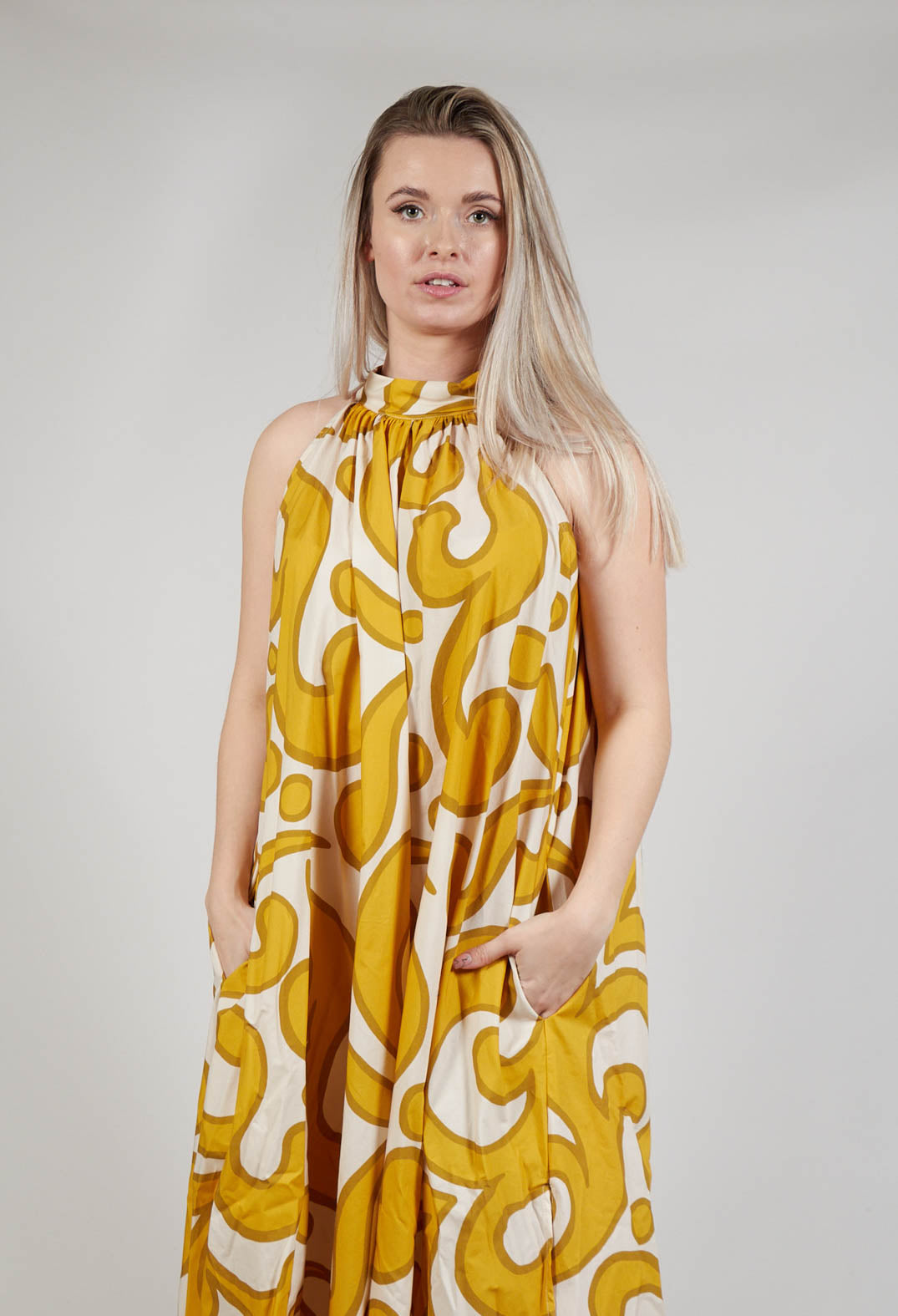 Halterneck Dress in Mustard Print