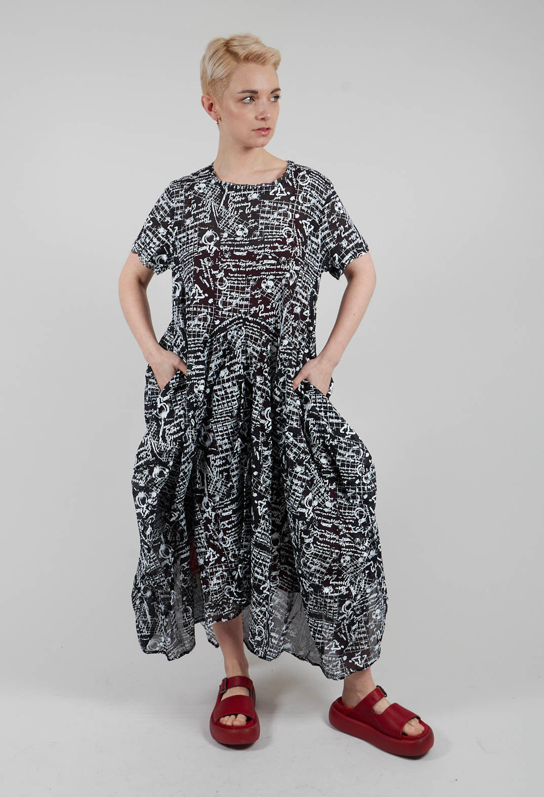 Handkerchief Hem Dress in Black with White Seregraphy