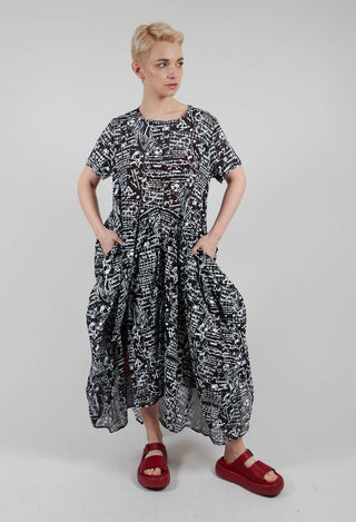Handkerchief Hem Dress in Black with White Seregraphy