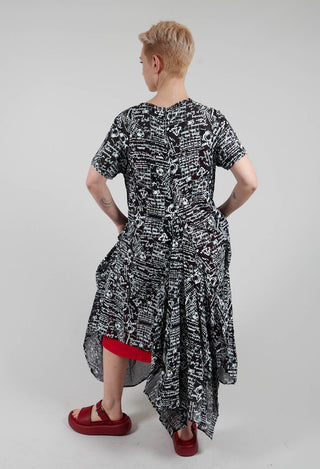 Handkerchief Hem Dress in Black with White Seregraphy