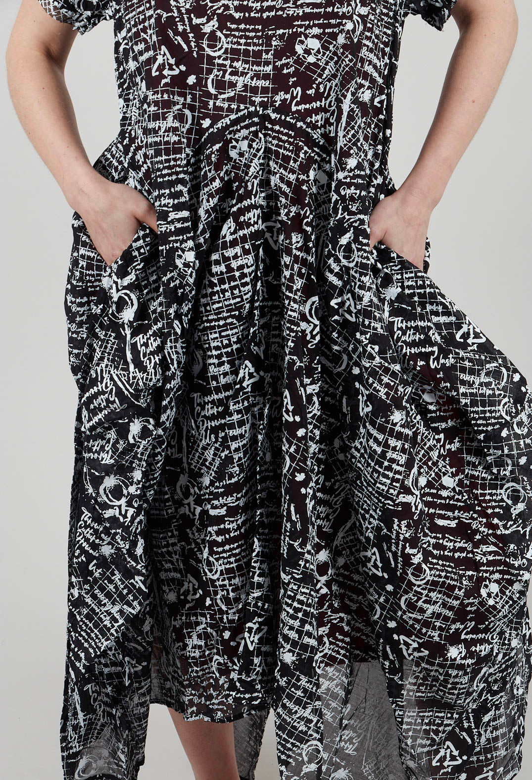 Handkerchief Hem Dress in Black with White Seregraphy