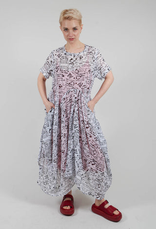 Handkerchief Hem Dress in White with Black Seregraphy