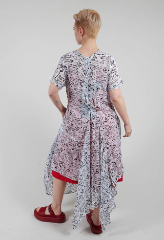 Handkerchief Hem Dress in White with Black Seregraphy